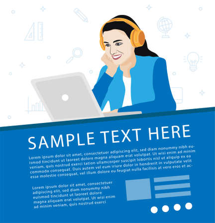 Smiling girl student wear wireless headphone study online. A young women attending online class in web. Getting notes from laptop. Distant education. Online Workのイラスト素材