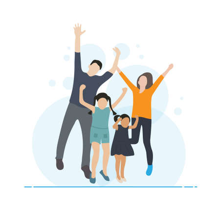 Happy family jumping together. Father, mother and children enjoying concept illustration.のイラスト素材