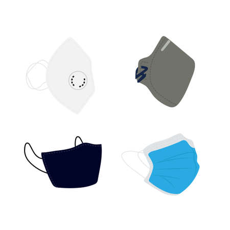 Different protective masks for covid-19 concept illustration. Reusable fabric mask, disposable medical mask, facemask respirator with breathing valve.のイラスト素材
