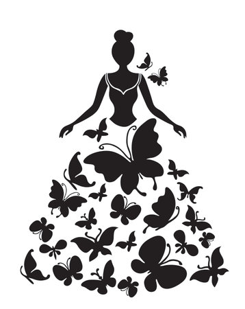 silhouette of a beautiful woman with butterflies on a white backgroundのイラスト素材