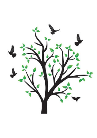 tree with birds and leaves on white background. Vector illustration. Eps 10.のイラスト素材