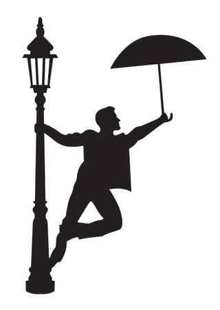 Man with umbrella and street lamp on white background. Vector illustration.のイラスト素材