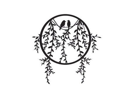 Vector hand drawn illustration with birds on the branches of willow.のイラスト素材