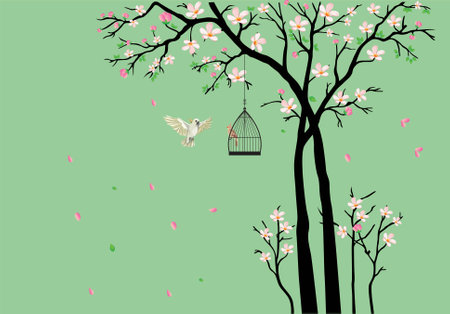 Bird and birdcage on cherry blossom tree, vector illustrationのイラスト素材