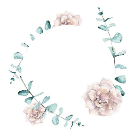 Isolated eucalyptus leaves and white roses wreath.の写真素材