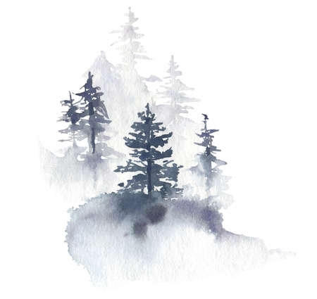 Abstract gray foggy forest. Watercolor hand drawn painted illustration on white backgroundの写真素材