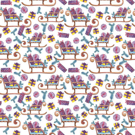 Hand drawn sleigh with present gift box and blue fir-tree branch.の写真素材