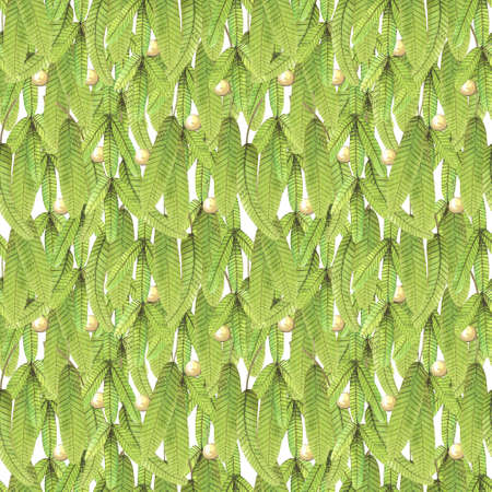 Christmas Fir tree branches and golden balls seamless pattern.