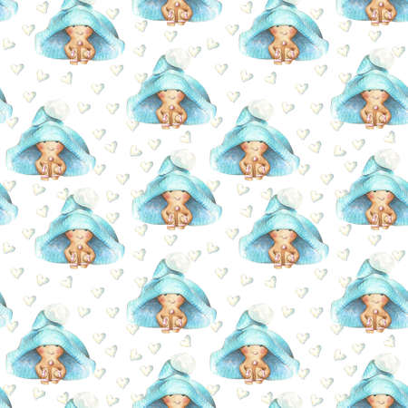 Christmas Gingerbread man under blue knitted hat and white hearts seamless pattern.の写真素材