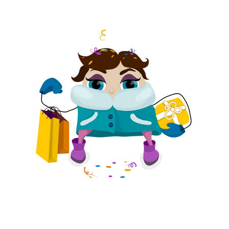 Woman go christmas shopping. Bright clothes and bags.のイラスト素材