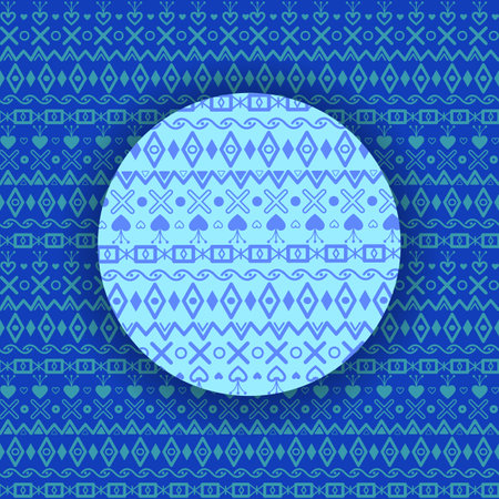 Winter geometric ornament. Blue rhombuses, hearts, squares, crosses etc on the dark blue background.のイラスト素材