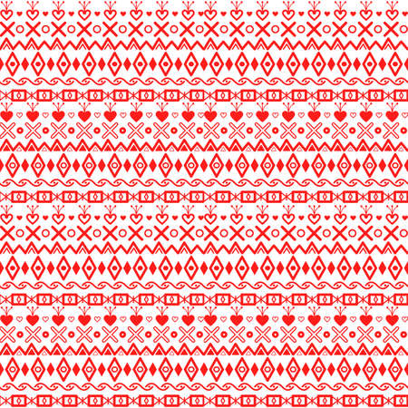 Winter geometric ornament. Red rhombuses, hearts, squares, crosses etc on the white background.のイラスト素材
