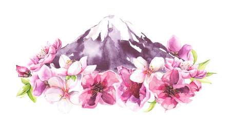 Watercolor painted mount Fuji and bouquet with pink and white cherry blossoms. Isolated floral illustration.の写真素材