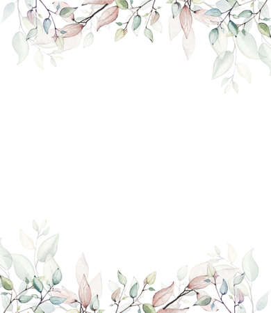 Watercolor painted floral frame on white background.の写真素材