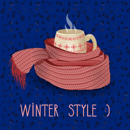 Vector twisted pink knitted scarf. Dark blue seamless pattern backgroundのイラスト素材