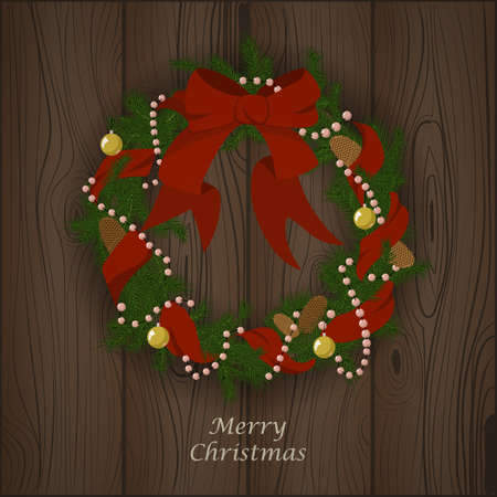 Christmas firry wreath with red ribbon, bow, beads, bolls and bumps. Wood backgroundのイラスト素材