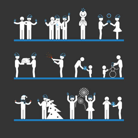 Christmas and new year white stick figuresのイラスト素材