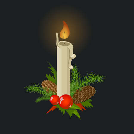 vector christmas candle with fir branch, red ballsのイラスト素材