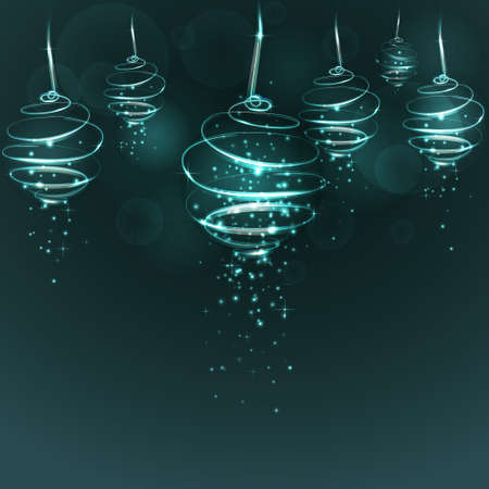 Magic light turquoise Christmas tree balls on dark blue background. Glowing spirals trace with shined dust.のイラスト素材