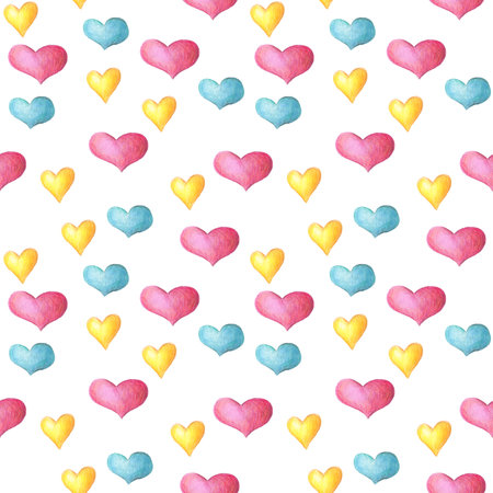 Seamless pattern with yellow, blue and pink hearts. Childrens illustration.の写真素材