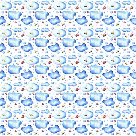 Watercolor hand drawn seamless pattern with blue clouds, butterfly and bee.の写真素材