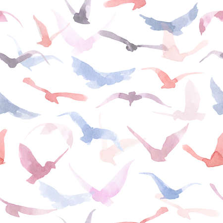 Hand drawn watercolor colorful silhouettes of birds. Pink, orange, violet and blue colors.の写真素材