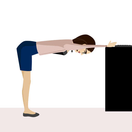 Pretty woman is doing exercise on the office chair. Business woman in healthy warm up pose.のイラスト素材