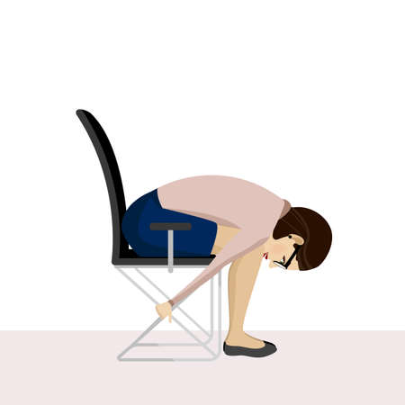 Pretty woman is doing exercise on the office chair. Business woman in healthy warm up pose.のイラスト素材