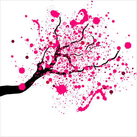 Isolated branch with abstract flowers of sakura. Pink dust and splashes looks like blossoms of Japanese cherry tree.のイラスト素材