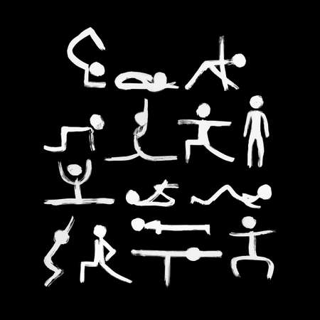 Stick figures in different yoga poses created by dry brush. Grunge calligraphy style.のイラスト素材