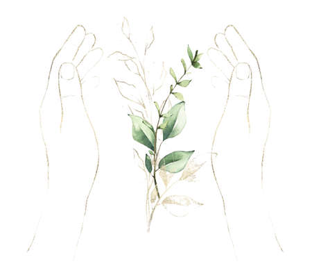 Watercolor ecology floral arrangement with hands, green and golden leaves branches. Golden line art elements.の写真素材