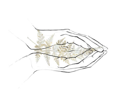 Watercolor ecology floral arrangement with hand, blue and golden fern leaves branch. Black line art elements.の写真素材