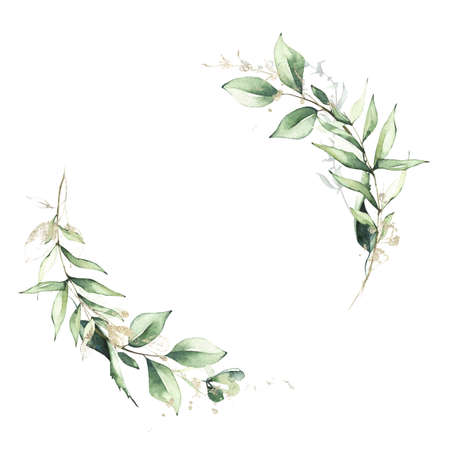 Arrangement frame with green branches and leaves and golden graphic elements. Watercolor painted floral wreath.の写真素材