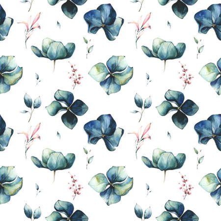 Dark blue and turquoise hydrangea flowers and twigs with pink leaves. Watercolor floral seamless...