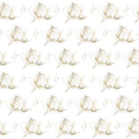 Gold dust style lotus flowers. Golden sand floral seamless pattern. Modern oriental designの写真素材