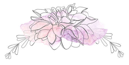 Watercolor hand painted violet and pink blot and line art flower. Floral arrangement on white backgroundの写真素材