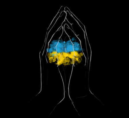 Watercolor painted Ukranian flag with abstract stains and line hands.の写真素材