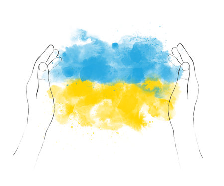 Watercolor painted Ukranian flag with abstract stains and line hands.の写真素材