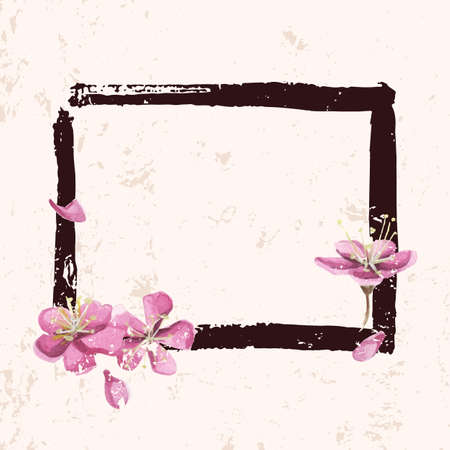 Hand drawn style dry brush smear and watercolour flowers of sakura. Vintage textured style background.のイラスト素材