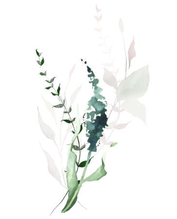 Watercolor bouquet. Wild garden blue flower, green branches, leaves, twigs. Hand drawn floral illustrationの写真素材