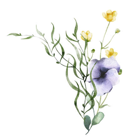 Watercolor bouquet with wild flowers, branches, leaves, twigs. Violet and yellow flowers. Hand drawn floral illustrationの写真素材
