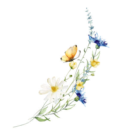 Watercolor painted floral bouquet on white background. Blue, yellow wild flowers, green branches, leaves, butterfly.の写真素材