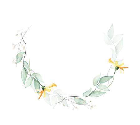 Watercolor painted floral wreath on white background. Transparent turquoise, green branches, leaves, yellow wild flowersの写真素材