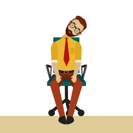 Man in business clothes is doing exercises for back on the office chair. Businessman in tilt head to the side pose.のイラスト素材