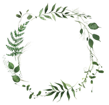 Watercolor greenery frame on white background. Wild green, emerald fern branches, leaves and twigs wreath.の写真素材