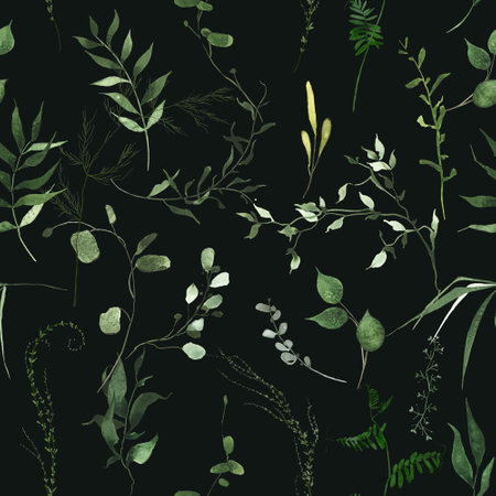 Watercolor wild meadow greenery seamless pattern on black background. Green and olive leaves, branches, twigs.の写真素材