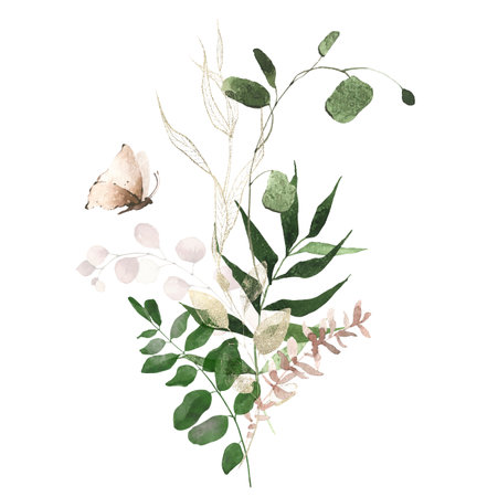 Watercolor floral greenery arrangement. Green, pink and golden dust, wild branch, leaves, twigs and butterflyの写真素材
