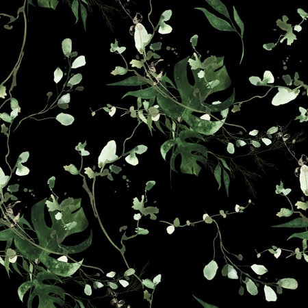 Watercolor exotic leaves seamless pattern on black background. Tropic green monstera leaves, eucalyptus branches.の写真素材