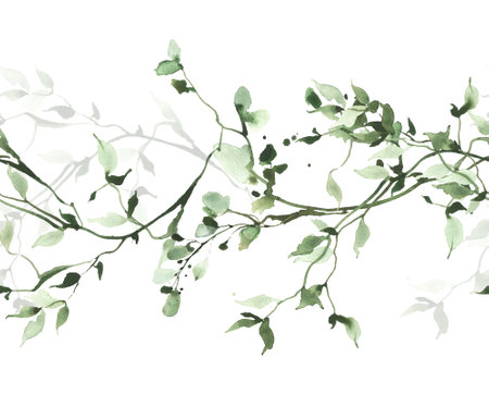 Watercolor painted greenery seamless frame on white background. Green wild plants, branches, leaves and twigs.の写真素材