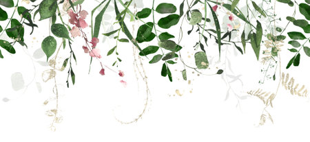 Watercolor greenery seamless frame on white background. Green, pink and golden wild plants, branches, leaves and twigs.の写真素材